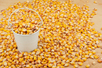 White bucket with corn on the wooden floor