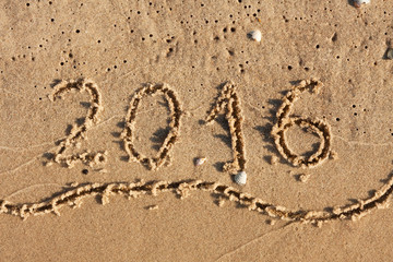 Year 2016 Written On Beach Sand