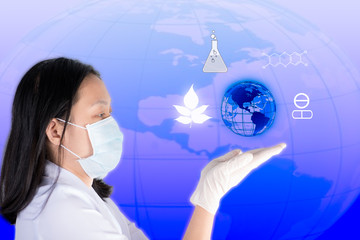 Technician hold and look glowing earth show medicine discover