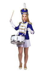 beautiful blond woman  cheerleade drummer isolated on white background 