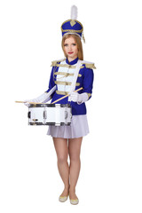 beautiful blond woman  cheerleade drummer isolated on white background 