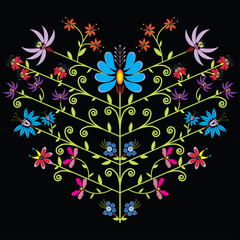 Ethnic folk floral pattern in heart shape on black background