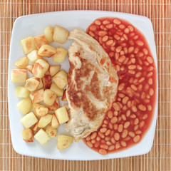 Omelette and baked beans with potoatoes.