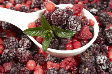 Gefrorene Beerenfrüchte mit Minze in Porzellanschale