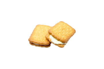 Biscuits with butter cream over white background.