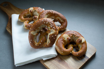 4 Brezn/Pretzels on a breadboard 4