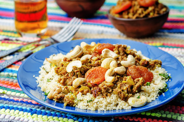 Spiced mince with dried apricots, cashew nuts and couscous