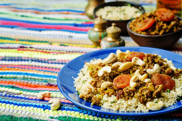 Spiced mince with dried apricots, cashew nuts and couscous