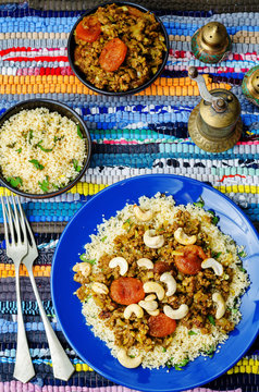 Spiced mince with dried apricots, cashew nuts and couscous