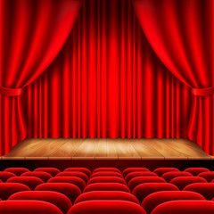Theater stage with red curtain and seats vector