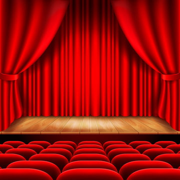 Theater stage with red curtain and seats vector
