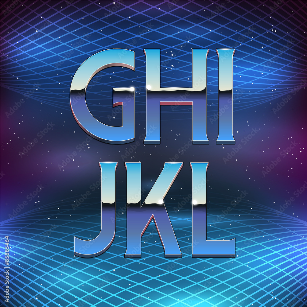 Aufkleber thin chrome alphabet in 80s retro futurism style. vector font from g to l