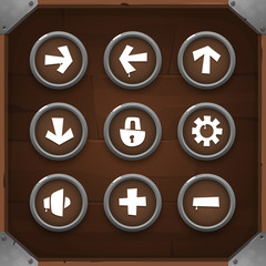 Game Icons on wooden background Set 1. Vector GUI elements for mobile games