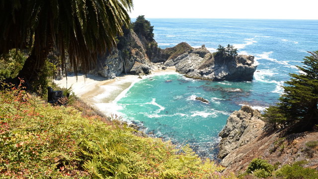  Motion controlled dolly time lapse footage with tilt down motion of Mc Way Falls at daytime in Julia Pfeiffer Burns State Park, Big Sur, California