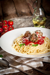 Spahetti with tomato sauce ,meatballs  and grated parmesan
