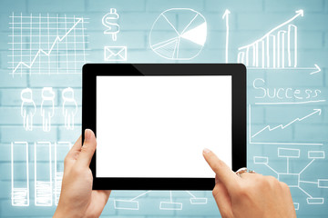 Close-up digital tablet with blank screen against drawing business plan concept,mobile strategy, business finance concept.