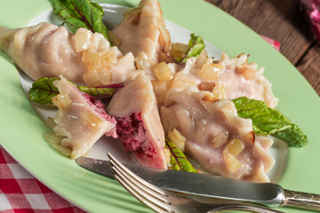 piquant pierogi with Beetroot and cheese filling