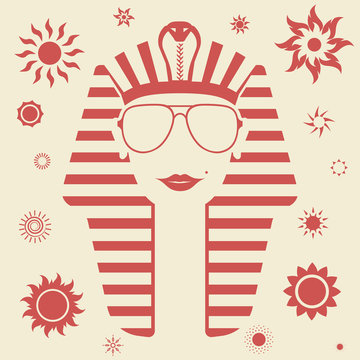 Female Pharaoh in sunglasses with a beauty spot on his cheek, red sun icons