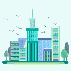 City, birds, trees, houses, buildings, architecture, city