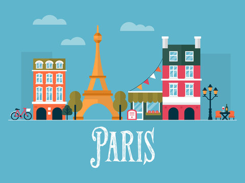 Flat stylish vector illustration for Paris, France. Travel and t