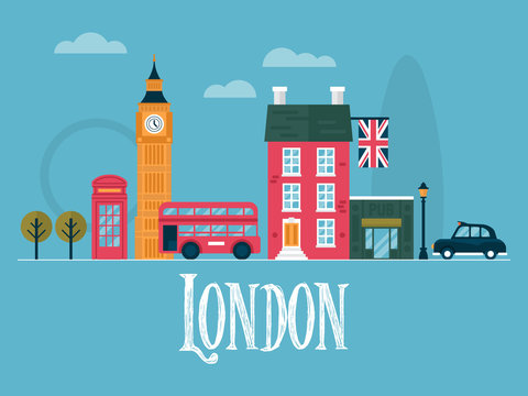 Flat stylish vector illustration for London, England. Travel and