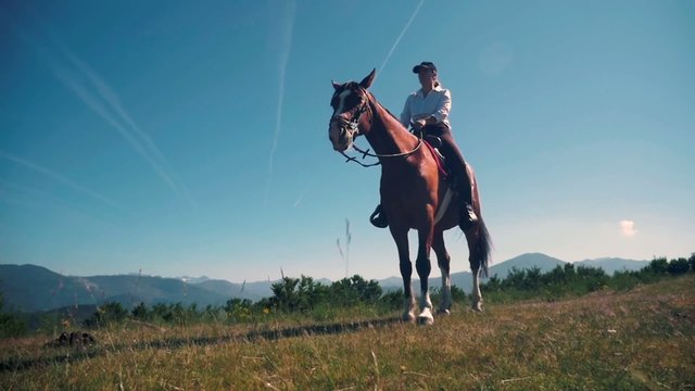 A woman rides a horse in the nature