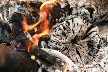 Bonfire with ash, selective focus