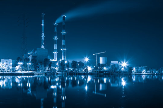 Heat And Power Plant At Night - Industry Concept.