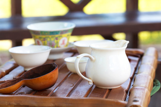 Traditional chinese tea ceremony accessories on the tea table