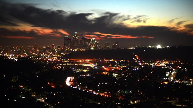 Real time footage of downtown Los Angeles Skyline during Twilight