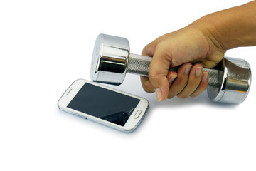 Broken smart phone smashed by dumbbell.