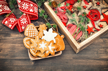 Gingerbread cookies and Christmas ornaments. Retro style home de