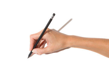 Making A Sketch Close up of woman's hand holding black pencil with rubber. Studio shot on white background with shadow.