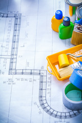 Construction plan with articles for painting and household tapes