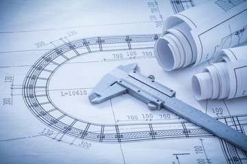 Construction plans vernier caliper on blueprint horizontal versi