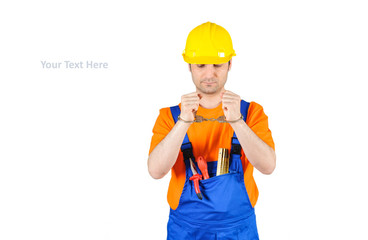 failure guilty laborer regretful criminal handcuffed hard hat blue collar portrait on white