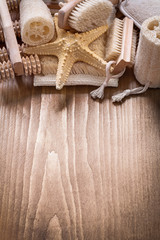 Skincare articles on pine vintage wooden board healthcare concep