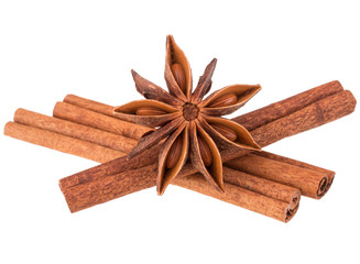 cinnamon stick and star anise spice isolated on white background