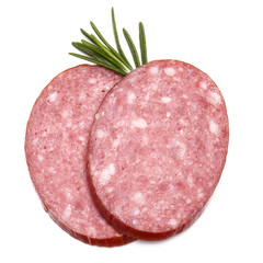 Smoked sausage salami slices isolated on white background cutout