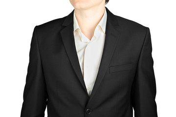Dark gray mens suit close-up coat with a white shirt