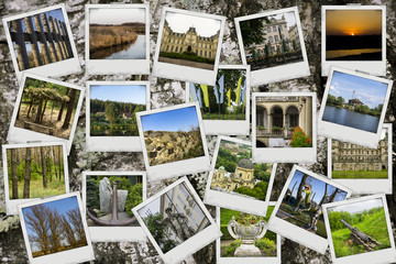 Fototapeta na wymiar Mosaic collage mix travel with pictures of different places, landscapes and objects shot by myself on texture pine tree bark macro background