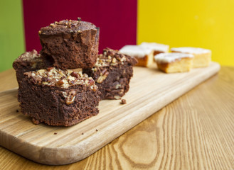 chocolate cake on wooden board