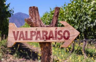 Valparaiso wooden sign with winery background