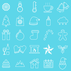 Winter line icons on blue background