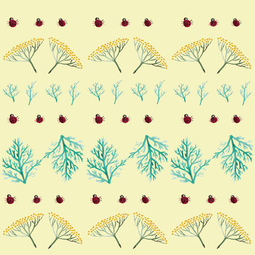 seamless pattern with flowers, leaves and ladybirds