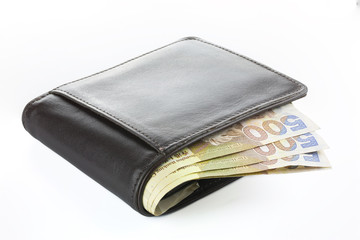 Wallet with money isolated on white background.