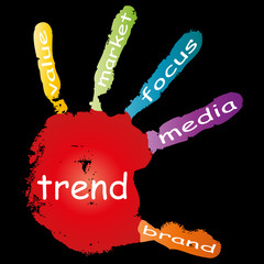 Conceptual children painted hand print word cloud