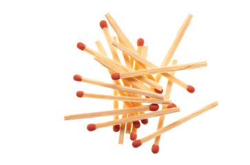 Pile of red wooden matches isolated on white background