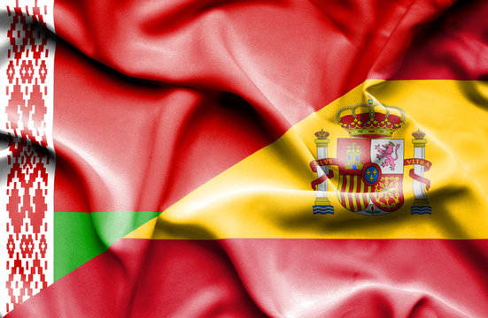 Waving flag of Spain and Belarus