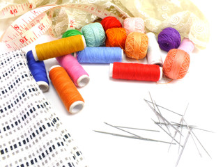sewing kit background with color threads meter and scissors